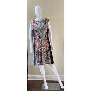 Sandra Darren Sheath Dress Ponte Stretch Lined Colorful Paisley & Black Sz 14